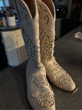 Roper Cream Embroidered Glitter Inset Knee Boots